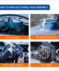 Signs of needed wheel bearing replacement: unusual sounds inside car, poor braking, stiff steering, exposed front wheel assembly.