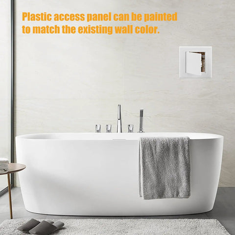 No Sweat 4X4 Inch Hinged Plastic Access Panel For Drywall And Ceilings Removable Cover in bathroom, smooth white finish.