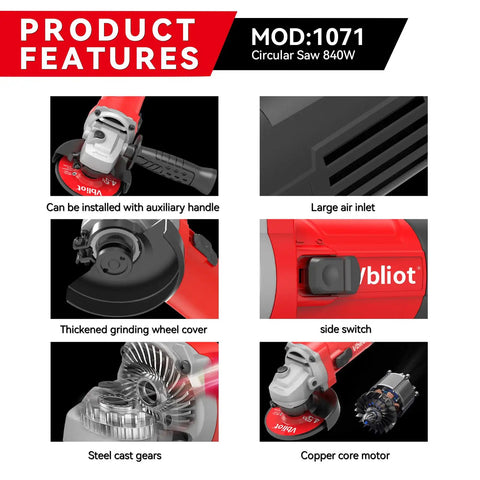 Beast 850W Angle Grinder With 5 Inch Discs 7 Amp Corded Cut Off Tool 360 Degree Guard 12000 RPM, product features diagram