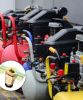 Air compressors with inset showing Three Pack Brass Air Compressor Drain Valve With Wing Nut Handle One Quarter Inch NPT Inlet Tank Drain Cock