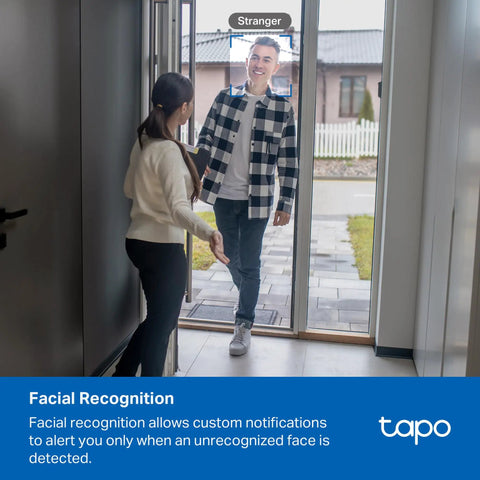 4K Indoor Pan Tilt Security Cam With 360 Degree Coverage AI Motion Tracking Person And Pet Detection Facial Recognition Works As Baby Monitor No Monthly Fees Local Storage Or Optional Cloud Wired Home Surveillance demonstrating facial recognition notification as stranger enters home