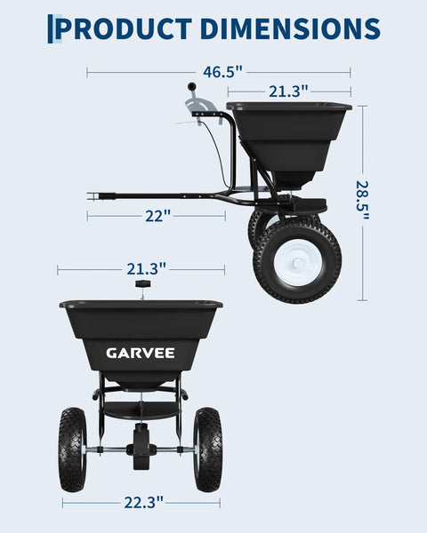 Dimensions of Tow Behind Broadcast Spreader With 110 Lb Hopper Universal Hitch Hopper Cover And Adjustable Flow Control