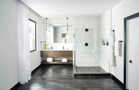 Modern bathroom featuring Dope Matte Black Double Swivel Robe Hook From Align Collection on white wall, space-saving design.