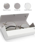 Industrial Metal Gear Textured Leather Eyeglass Case With Heavy Duty Magnetic Closure and Ultra Soft Velvet Lining, open with glasses inside.
