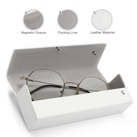 Industrial Metal Gear Textured Leather Eyeglass Case With Heavy Duty Magnetic Closure and Ultra Soft Velvet Lining, open with glasses inside.