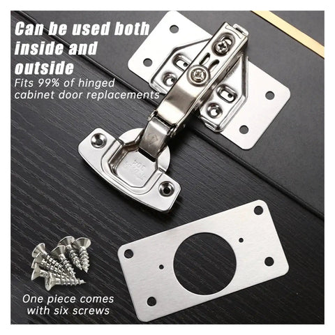 Rotating Concealed Cabinet Hinges Set 2 To 10 Pieces Stainless Steel Mounting Fixings, hinge with screws and plate on table.