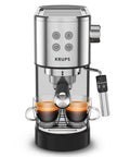 Heavy Duty 15 Bar Espresso Maker With Sca Certified Precision Temperature Control And Sleek Automatic Milk Frother Plus Fast Heat Cup Warmer in stainless steel with two espresso shots.