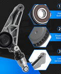 Jeep Wrangler Beefed Up Serpentine Drive Belt Tensioner Pulley Idler Kit components with close-ups of materials and features
