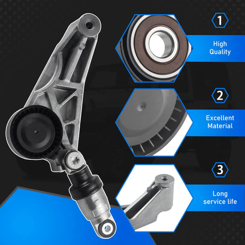 Jeep Wrangler Beefed Up Serpentine Drive Belt Tensioner Pulley Idler Kit components with close-ups of materials and features