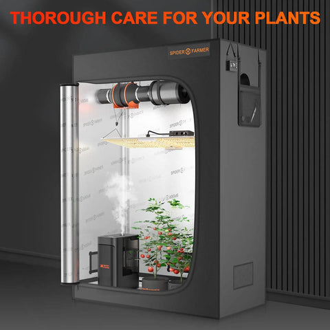 3 In 1 Plant Humidifier With Humidity Meter And 12 Hour Timer inside grow tent with green plants, showing mist flow