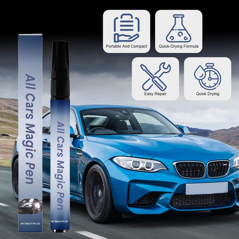 Scratch Repair Pen For Cars Quick Easy Paint Touch Up That Fixes Scratches Chips And Scuffs In Seconds Waterproof And UV Resistant Works On All Colors Long Lasting Shine For Any Vehicle DIY Friendly product next to blue car