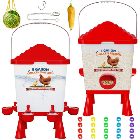 All In One Chicken Feeder And Waterer Set 5 Gallon Automatic Waterer With Cups No Waste 40 Lb Feeder For Backyard Flocks