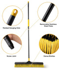 Heavy Duty 24 Inch Push Broom With Adjustable Telescoping Handle Up To 65 Inches showcasing adjustable poles and dense bristles.