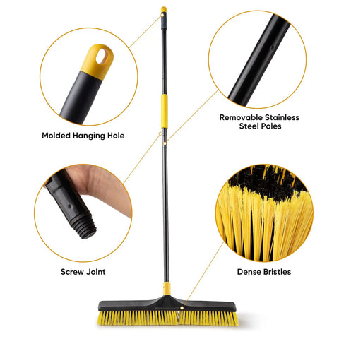Heavy Duty 24 Inch Push Broom With Adjustable Telescoping Handle Up To 65 Inches showcasing adjustable poles and dense bristles.