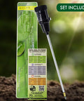 Packaging of All-In-One Soil pH And Moisture Meter For Garden, Lawn And Farm Use showing the probe and calibration range chart.