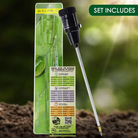 Packaging of All-In-One Soil pH And Moisture Meter For Garden, Lawn And Farm Use showing the probe and calibration range chart.