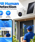 Hassle Free Wireless Solar Security Camera For Yard And Driveway With Smooth 3Mp HD Clarity detecting a person at the door.