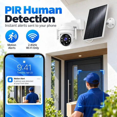 Hassle Free Wireless Solar Security Camera For Yard And Driveway With Smooth 3Mp HD Clarity detecting a person at the door.