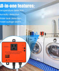 WiFi Power Failure And Water Leak Alarm With Auto Shutoff in laundry room, detecting temperature, humidity, water leaks, power outage