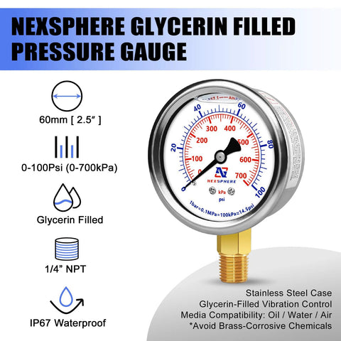 NexSphere glycerin-filled pressure gauge, 60mm dial, 1/4 in. NPT lower mount, 304 stainless steel case.