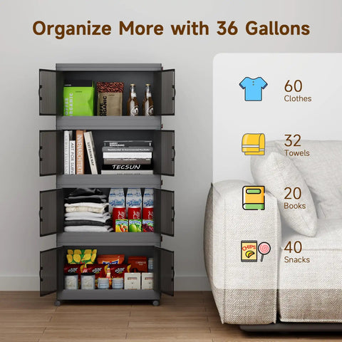 Heavy Duty Fold Flat Storage Bins With Slick Dual Front Door Access And Secure Lids Built Different Stackable Plastic Organizer Totes For Your Garage Office Pantry Or Home Gear Setup 4 Pack Black Nine Gallon Capacity Each in organized storage unit.