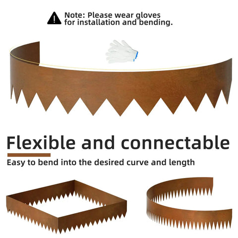 Weathering Steel Edging Kit Six Pack For Landscaping, Corten Steel Rust Patina Finish, flexible and connectable edging sections.