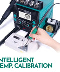 Pro Grade Soldering And Hot Air Rework Station With 992D III Iron for precise PCB desoldering and repair, hand adjusting settings.