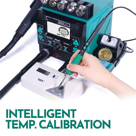 Pro Grade Soldering And Hot Air Rework Station With 992D III Iron for precise PCB desoldering and repair, hand adjusting settings.