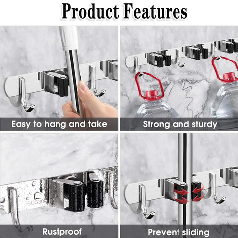 Four images showing features of the Three Tiers Of Hooks And Four Hangers Broom And Mop Holder Wall Mount Garage Organizer.