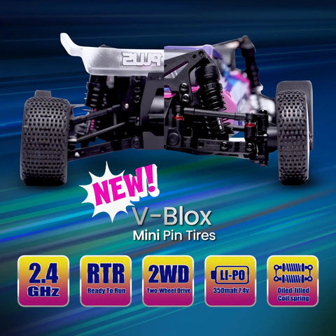 Speck B Elite Brushless 1 By 24 2WD Mini RC Car RTR Buggy rear view with V-Blox mini pin tires and RTR features on display