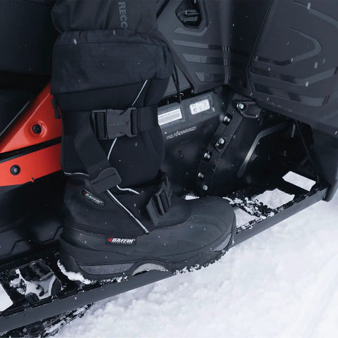 Impact Winter Boots With Tall Leather And Nylon Upper Locking Snow Collar, Eco Tek Materials, Double Buckle Fastening, Arctic Rubber Shell, Tough As Nails Cold Ready, Rated Minus Sixty To Minus Seventy Six Degrees Fahrenheit, Black, Size 12 on snowmobile