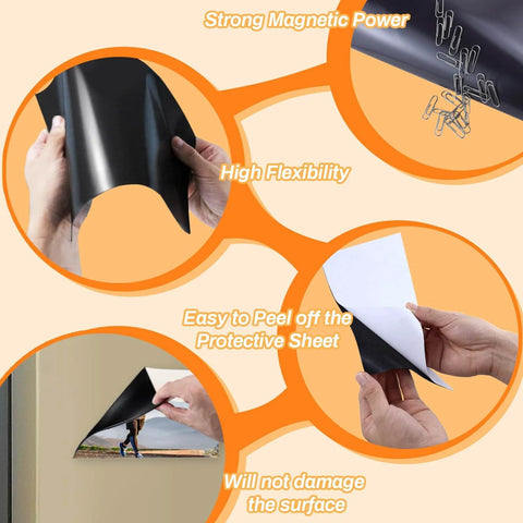 Magnetic Sheets 8.5 By 11 Inches, 20 Pack With Adhesive Backing, peeling protective sheet, showing flexibility and strong magnetic power