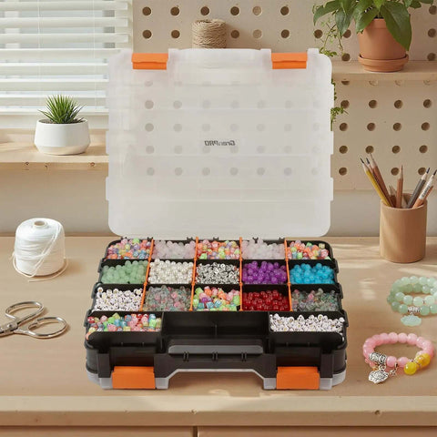 Dual Side 34 Compartments Mini Tool Box Organizer With Customizable Layout And Removable Partitions, Plastic Storage Case with beads displayed.