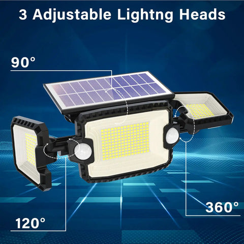 Three Head Solar Outdoor Flood Lights With Dual Motion Sensors Bangin 180 Degree Coverage showing adjustable angles