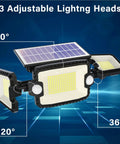 Three Head Solar Outdoor Flood Lights 7300LM IP65 Waterproof Security Spotlight with dual motion sensors, product viewed at angle showing three adjustable heads.