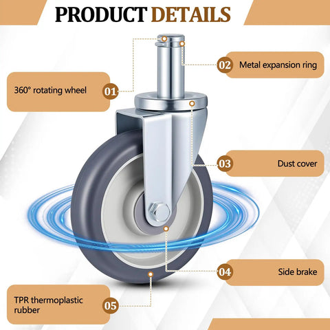 Detail view of 4 Pack 5 Inch Swivel Caster Wheels for Metro Shelving with non-marking TPR wheel and double ball bearings.