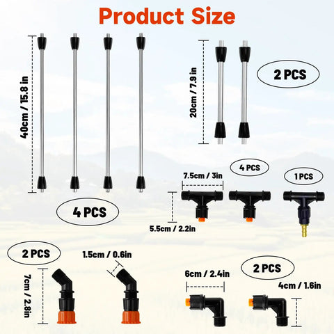 Product size specifications for Six Nozzles Metal Boom Wand Sprayer with diverse parts and measurements visible.