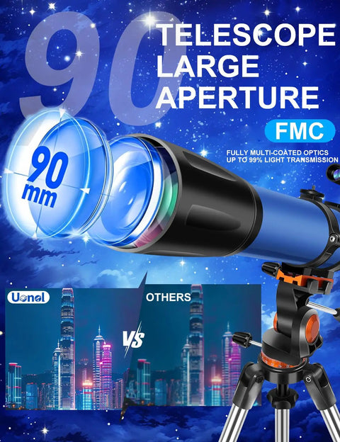 High Powered 90mm Aperture 800mm Refractor Telescope For Adults Beginner Friendly Astronomy Starter Kit with FMC optics and tripod