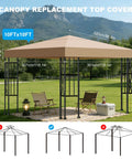10x10 Ft Replacement Gazebo Top Canopy Cover Weatherproof Sun Shade With 300D Polyester Waterproof UV Resistant Single Tier Outdoor Gazebo Roof For Shop Yard Patio And Outdoor Commercial Use Khaki installed on frame in outdoor setting