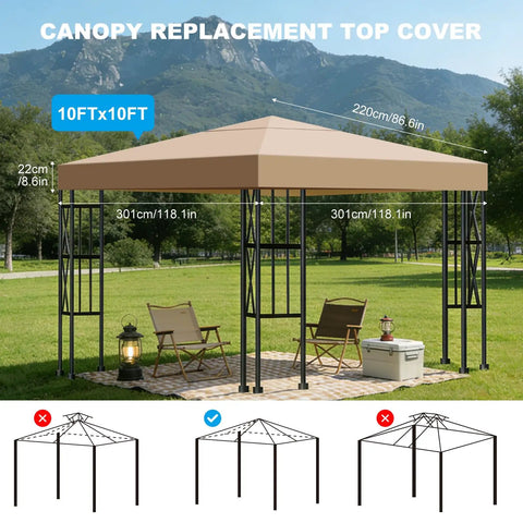 10x10 Ft Replacement Gazebo Top Canopy Cover Weatherproof Sun Shade With 300D Polyester Waterproof UV Resistant Single Tier Outdoor Gazebo Roof For Shop Yard Patio And Outdoor Commercial Use Khaki installed on frame in outdoor setting