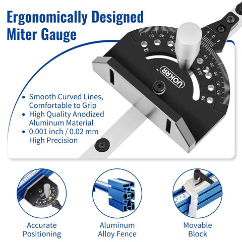 Ergonomically designed Beefy Aluminum Miter Gauge for table saw with telescoping 20 to 36 inches fence and anodized finish.