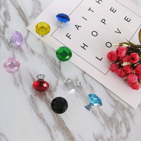 Kick Up Your Cabinetry Game With These Solid As A Rock 12 Piece Pack Of 30Mm Diamond Shape Crystal Glass Cabinet Knobs With Complete Screw Kit For Furniture Yellow in various colors on marble background.