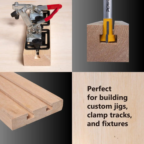 Pro Grade Tungsten Carbide T Slot Router Bit With Rock Solid One Quarter Inch Shank And One Half Inch Width used on wood for precision cuts.