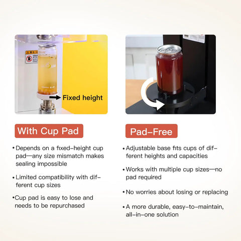 Comparison of cup pad vs pad-free features of Pro Grade Automatic Soda Can Sealer For Aluminum And Plastic Cans With Touch Screen Operation, Auto Height Detection, Cup Mat Not Required, Heavy Duty Commercial Sealer In Black Finish