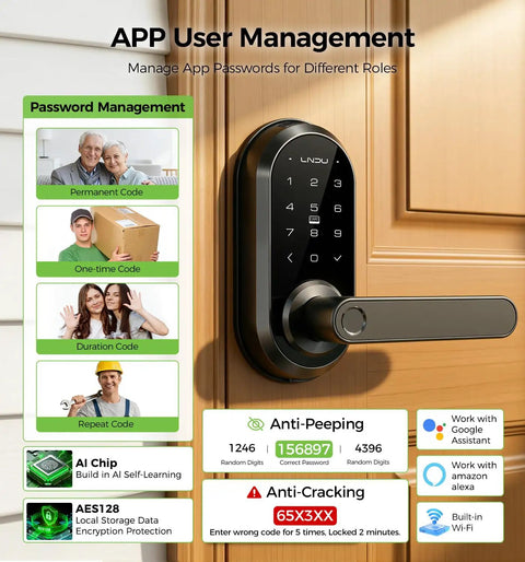 Secure Your Pad With This Beefed-Up Smart Lock And Keypad Handle showing password management options and keypad detail.