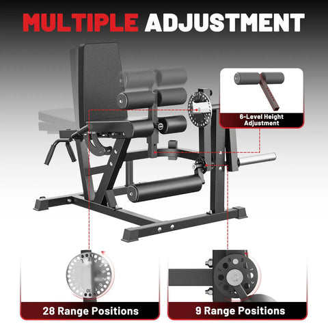 4 In 1 Leg Extension And Curl Machine For Home Gym With 800 LB Capacity, showing multiple adjustment settings and range positions.