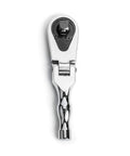 Three Eighths Inch Drive Stubby Teardrop Ratchet With Flexible Head 84-Tooth Five Inch Handle For Tight Spots Chrome Finish