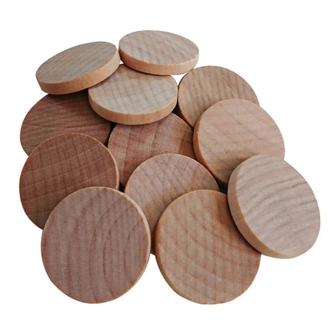 60 Pack 1 Inch Natural Wood Slices Unfinished Round Wood Cookies stacked smoothly, ideal DIY crafting supplies and room decor.