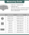 Measuring guide for tablecloth size showing table dimensions, shapes, and seating capacity details for Water Resistant Gray Outdoor Tablecloth With Umbrella Hole And Zipper 54 By 54 Inch Square Faux Linen Wipeable Patio Cover For Picnic Camping And Backyard Parties.