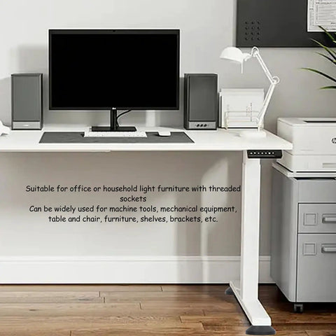 Office desk with a computer setup, supported by Two Pack Heavy Duty Threaded Leveling Feet M16 Furniture Glides 330 Lb Each Adjustable Height Anti Vibration Floor Protectors For Tables, Chairs, And Equipment.